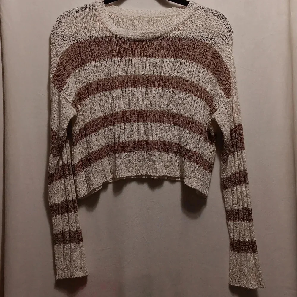 Womens L Lt Brown Cream Color Cropped Sweater Lightweight Striped Academia Y2k
